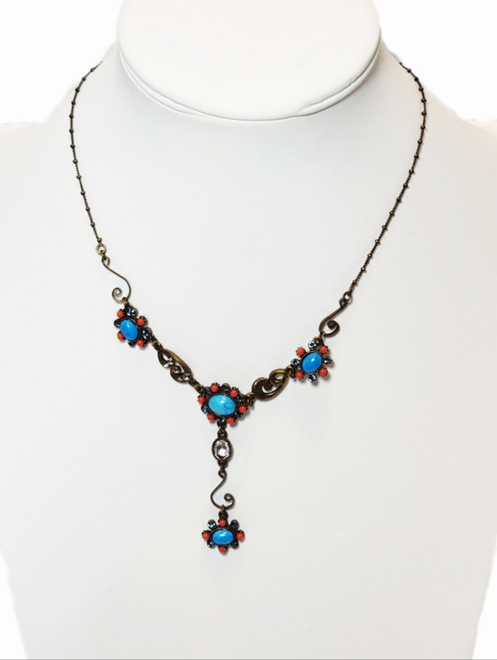 Ollipop Turquoise Orange Glass Crystals Antiqued Goldtone Necklace GORGEOUS